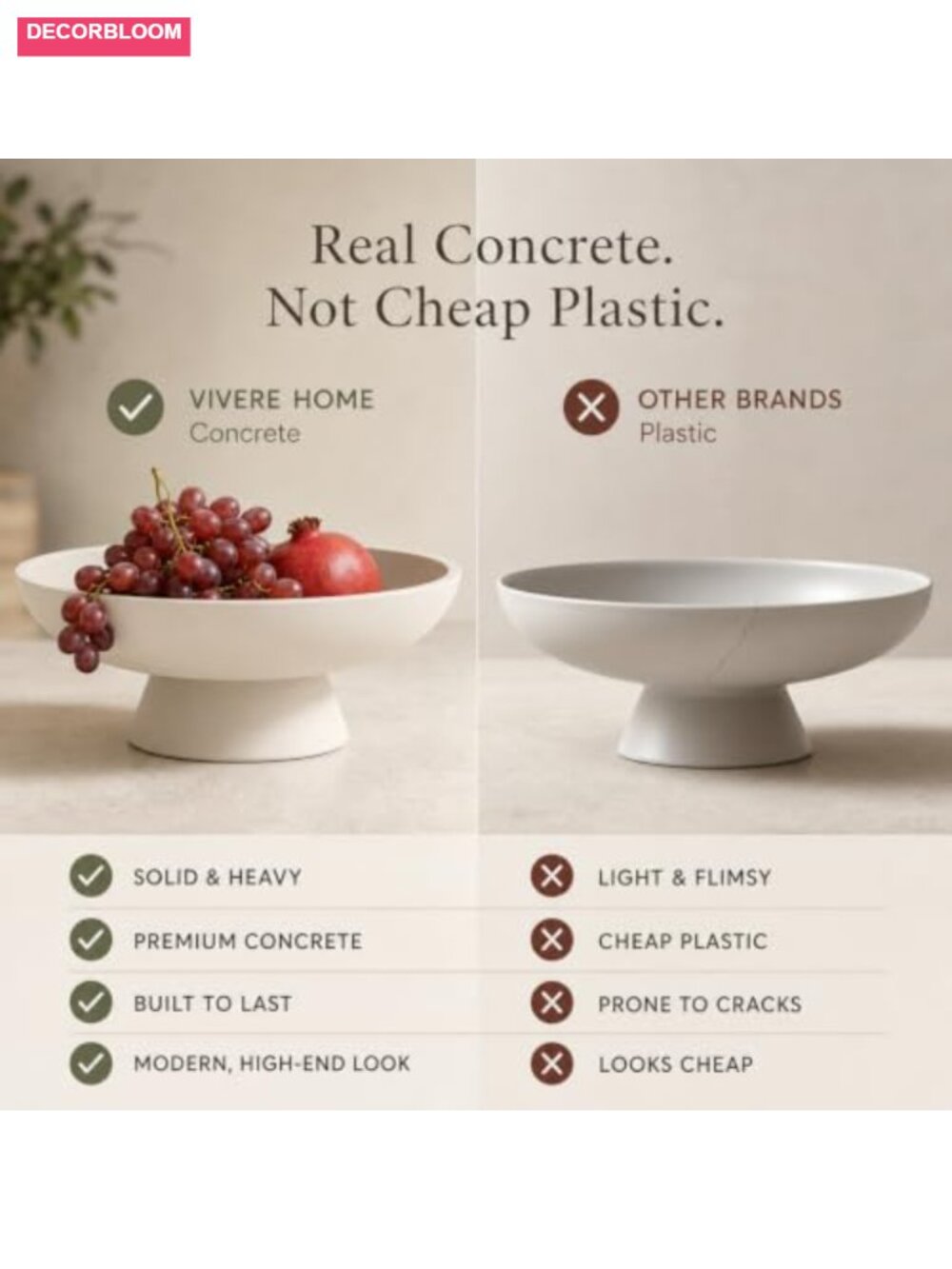 12" Concrete Fruit Bowl Extra Large Handcrafted Pedestal Kitchen Counter Decor - Picture 3 of 6